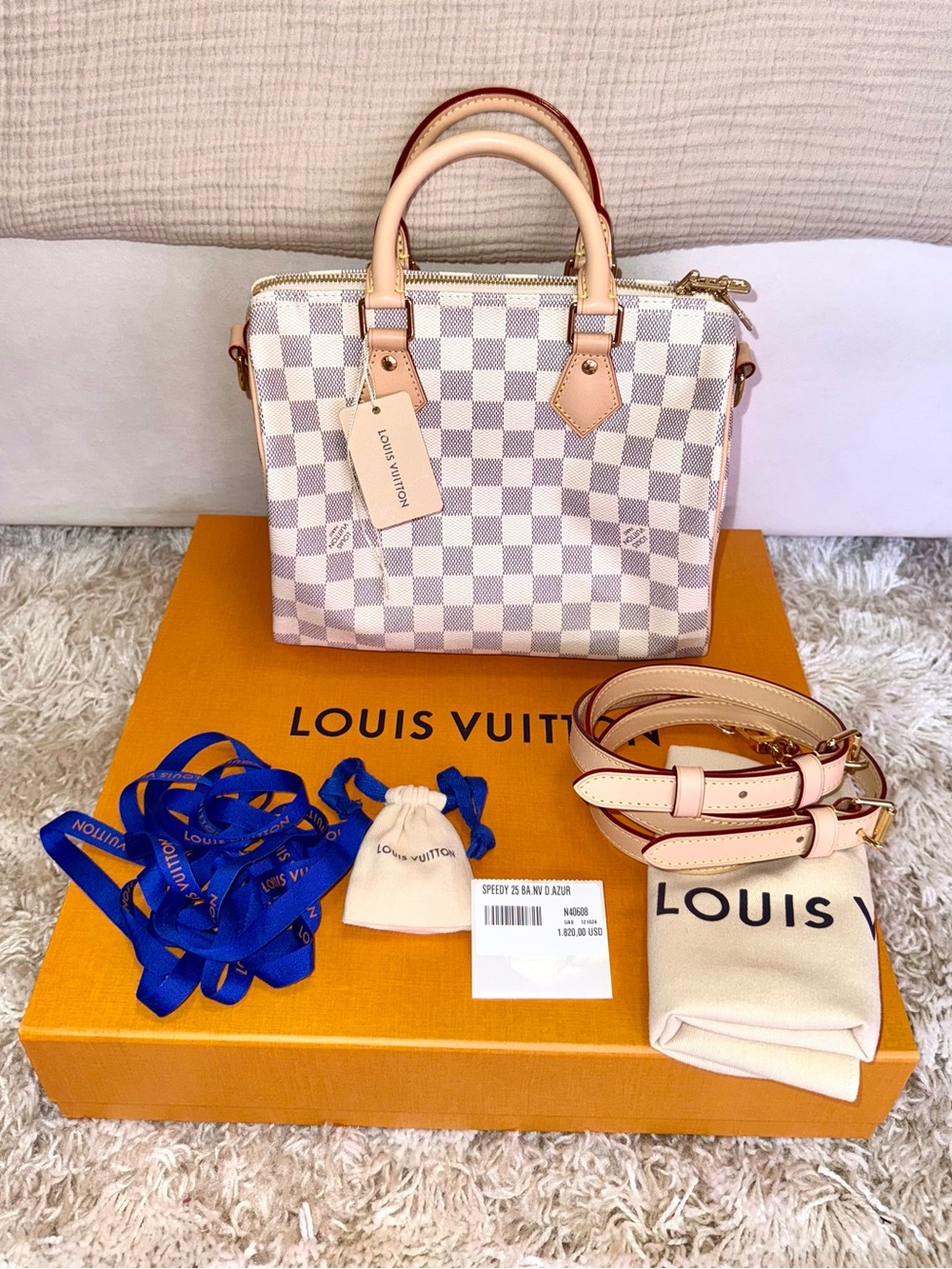 ‼️NEW! RECEIPT! Louis Vuitton Speedy 25 Bandoulier Damier Azur